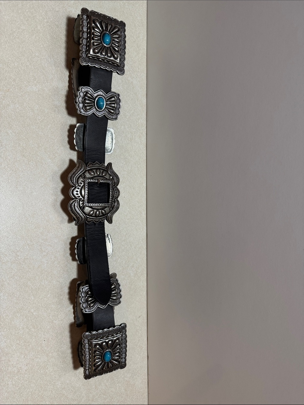 Women’s Black Leather Concho Belt with Turquoise Accents